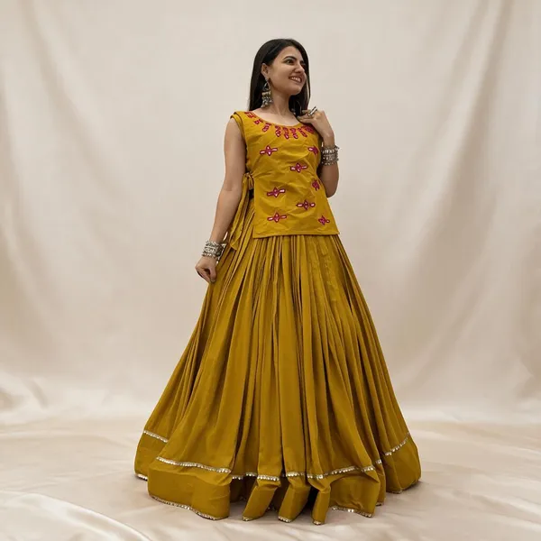 Mustard_Yellow_Rayon_Cotton_Mirror_Handwork_Jacket_Lehenga_Choli_For_Women