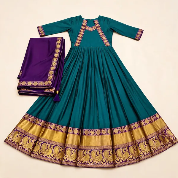 Teal_Cotton_Spun_Festive_Gown_With_Silk_Dupatta_For_Women