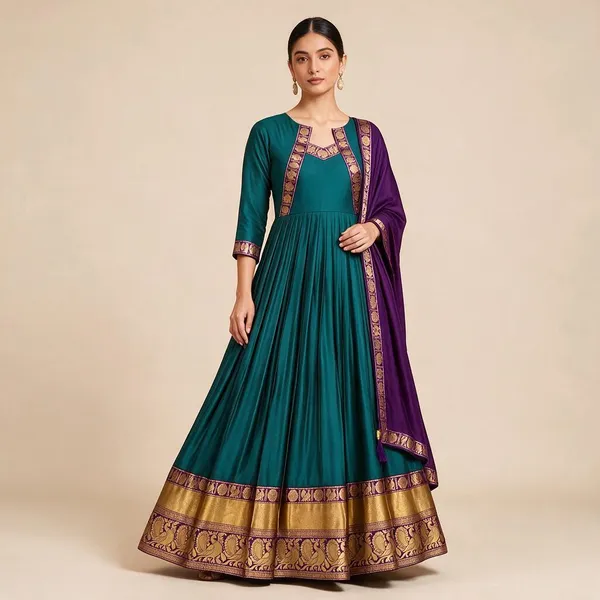 Teal_Cotton_Spun_Festive_Gown_With_Silk_Dupatta_For_Women