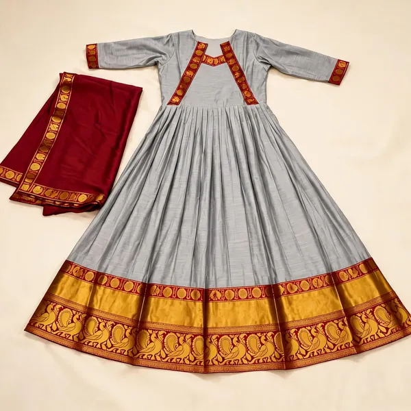 Silver_Cotton_Spun_Festive_Gown_With_Silk_Dupatta_For_Women