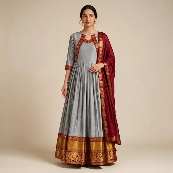 Silver_Cotton_Spun_Festive_Gown_With_Silk_Dupatta_For_Women
