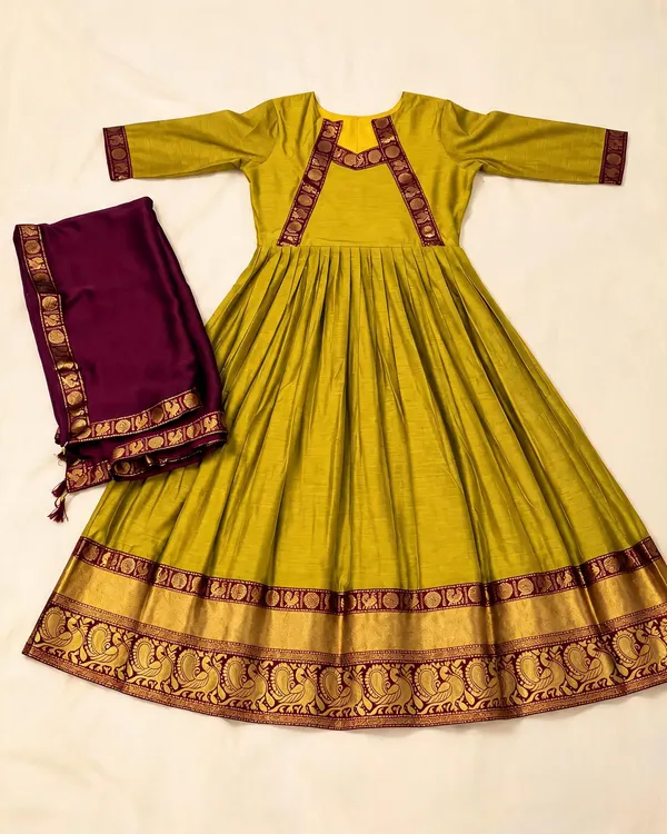 Mustard_Yellow_Cotton_Spun_Festive_Gown_With_Silk_Dupatta_For_Women