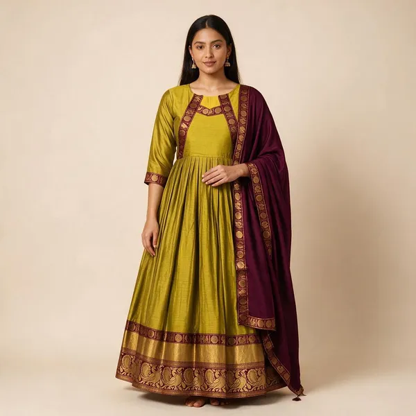 Mustard_Yellow_Cotton_Spun_Festive_Gown_With_Silk_Dupatta_For_Women
