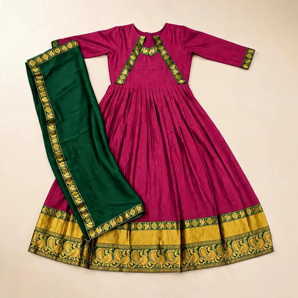Pink_Cotton_Spun_Floor_Length_Festive_Gown_With_Rangoli_Silk_Dupatta_For_Women