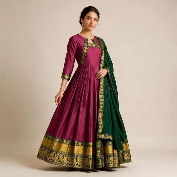 Pink_Cotton_Spun_Floor_Length_Festive_Gown_With_Rangoli_Silk_Dupatta_For_Women
