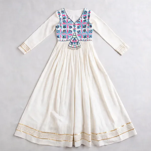 White_Kora_Cotton_Gota_Patti_Embroidered_Full_Sleeve_Gown_For_Women