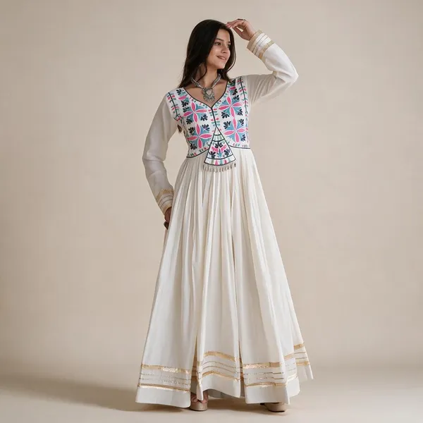 White_Kora_Cotton_Gota_Patti_Embroidered_Full_Sleeve_Gown_For_Women