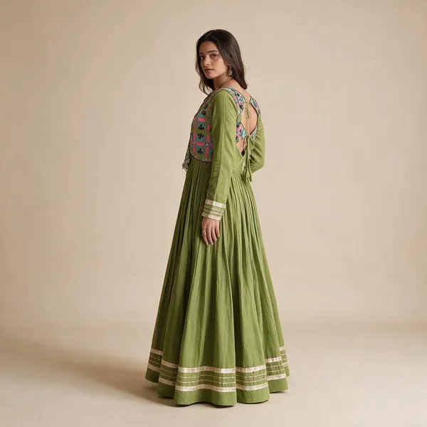 Olive_Green_Kora_Cotton_Gota_Patti_Embroidered_Full_Sleeve_Gown_For_Women