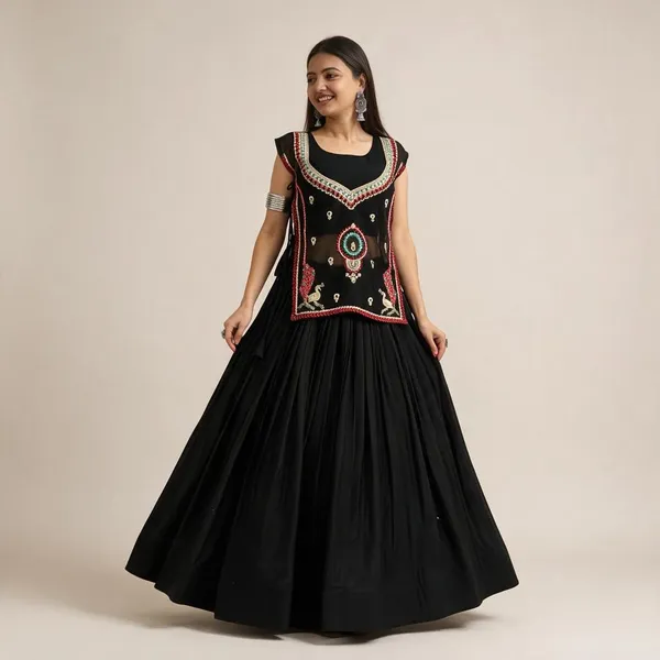 Black_Khadi_Cotton_Flared_Chaniya_Choli_With_Georgette_Shrug_For_Women