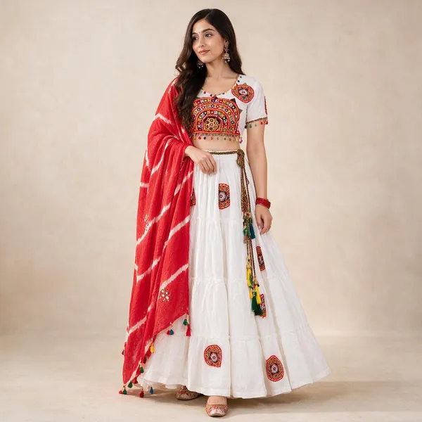 White_Red_Pure_Cotton_Paithani_Embroidered_Tassel_Chaniya_Choli_For_Women