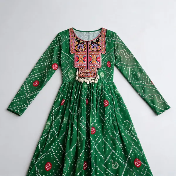 Green_Faux_Georgette_Bandhani_Kutchi_Patchwork_Gown_For_Women