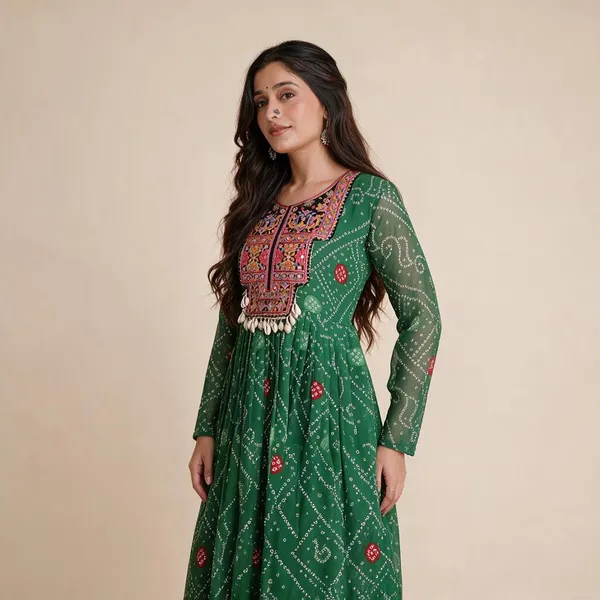 Green_Faux_Georgette_Bandhani_Kutchi_Patchwork_Gown_For_Women