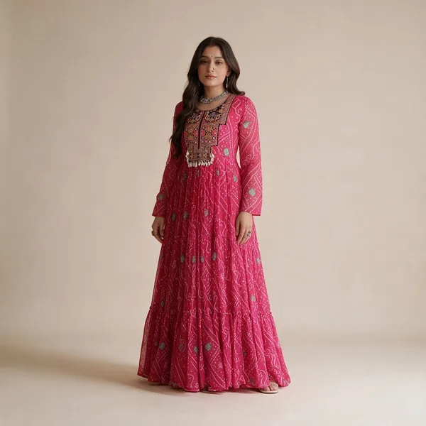 Rani_Pink_Faux_Georgette_Bandhani_Kutchi_Patchwork_Gown_For_Women