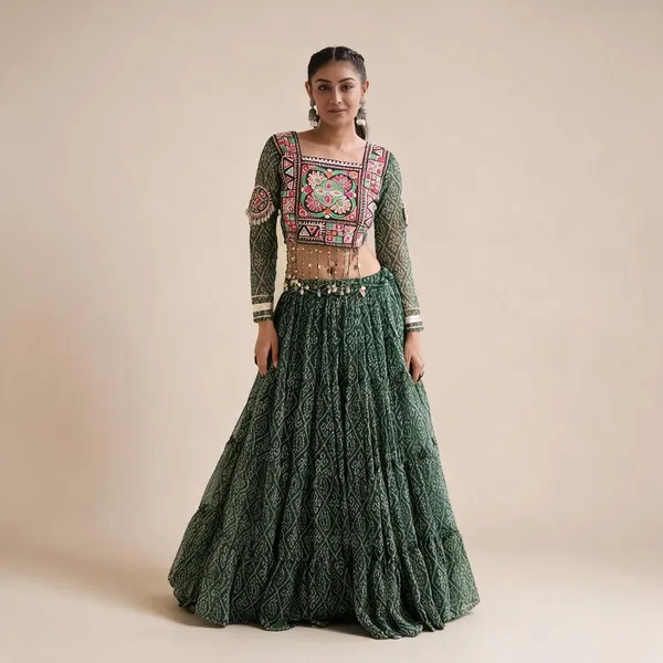 Green_Faux_Georgette_Bandhani_Print_Lehenga_Choli_For_Women