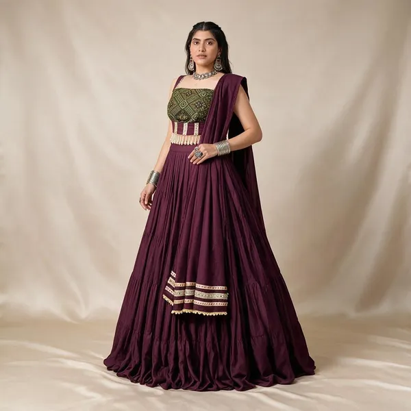 Burgundy_Rayon_Bandhej_Print_Flared_Navratri_Lehenga_Choli_For_Women