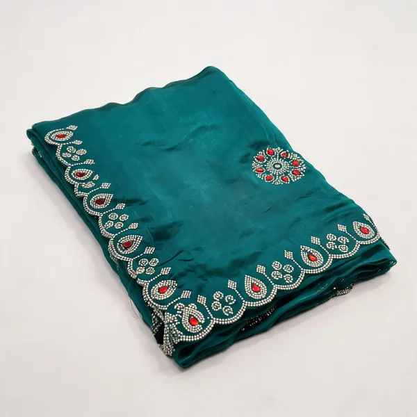 Teal_Green_Chiffon_Fendi_Silk_Handwork_Jarkan_Stone_Saree_For_Women