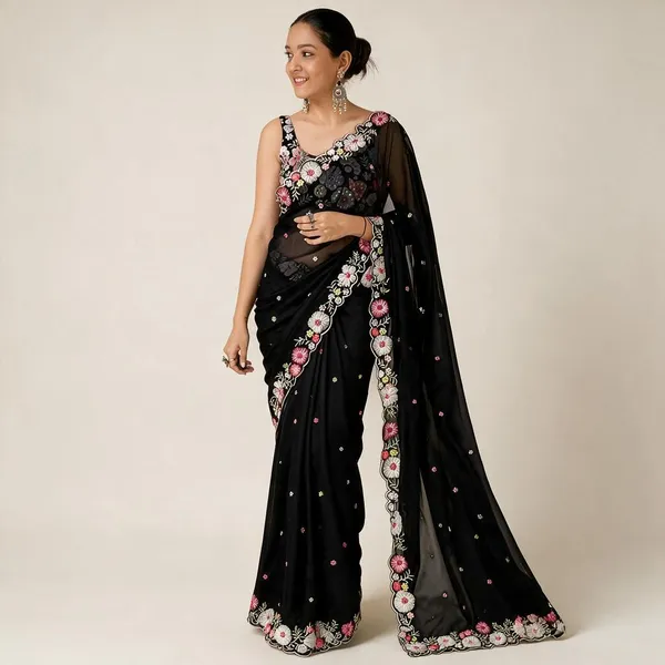 Black_Georgette_Sequin_Embroidered_Party_Wear_Saree_For_Women