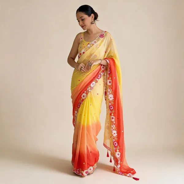 Lemon_Yellow_Georgette_Sequin_Embroidered_Party_Wear_Saree_For_Women