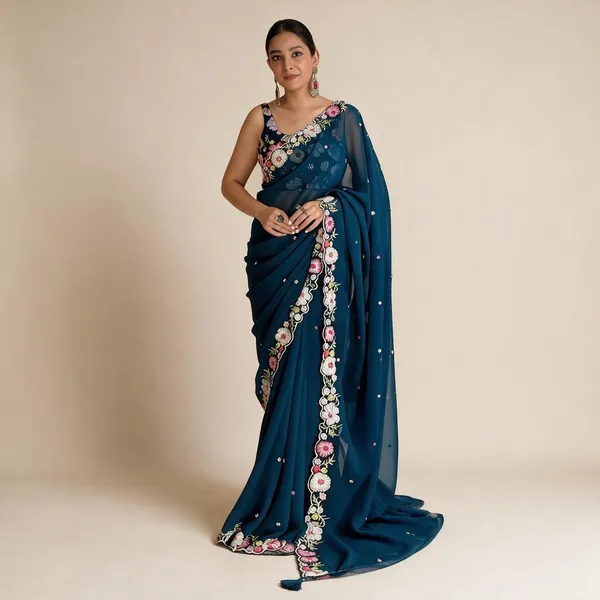 Peacock_Blue_Georgette_Sequin_Embroidered_Party_Wear_Saree_For_Women