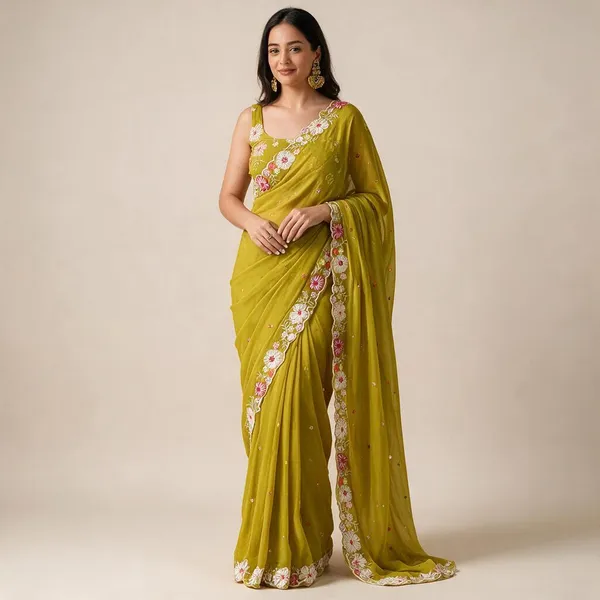 Lemon_Green_Georgette_Sequin_Embroidered_Party_Wear_Saree_For_Women