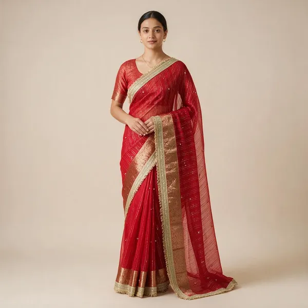 Bridal_Red_Tissue_Silk_Jacquard_Woven_Ghungroo_Border_Saree_For_Women