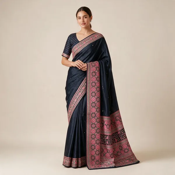 Black_Ajrakh_Satin_Crepe_Silk_Ghungroo_Work_Lace_Pallu_Saree_For_Women
