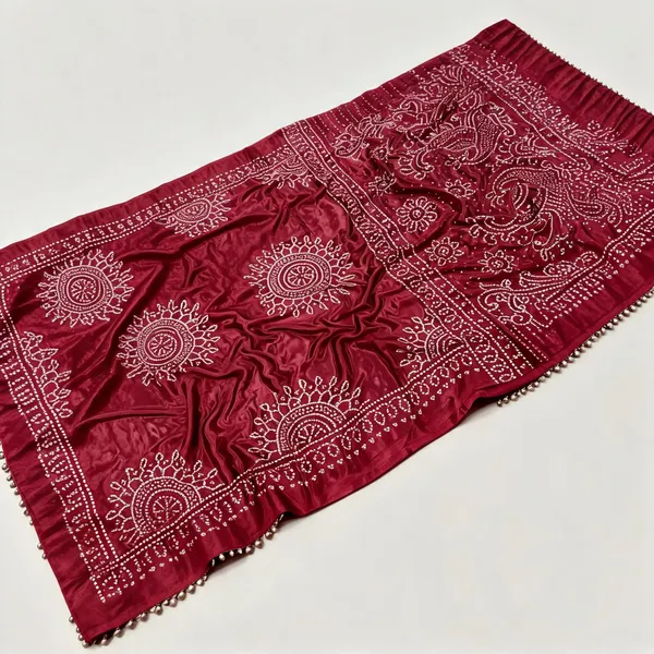 Maroon_Ajrakh_Satin_Crepe_Silk_Ghungroo_Work_Festive_Saree_For_Women