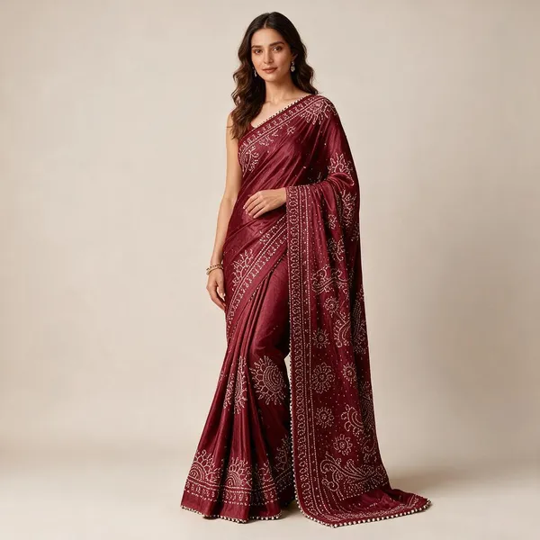 Maroon_Ajrakh_Satin_Crepe_Silk_Ghungroo_Work_Festive_Saree_For_Women