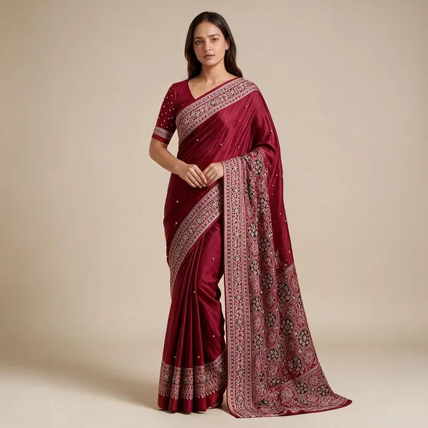 Crimson_Red_Ajrakh_Satin_Crepe_Silk_Ghungroo_Work_Lace_Pallu_Saree_For_Women