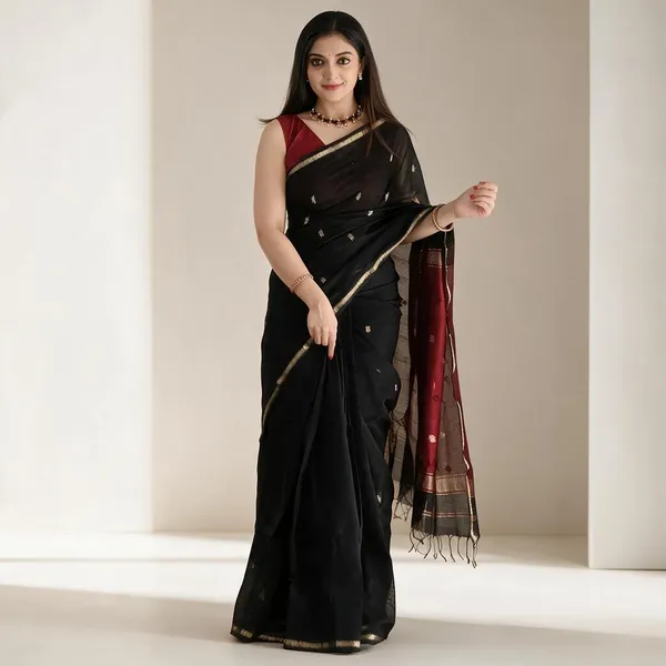 Black_Linen_Slub_Jacquard_Woven_Festive_Saree_For_Women