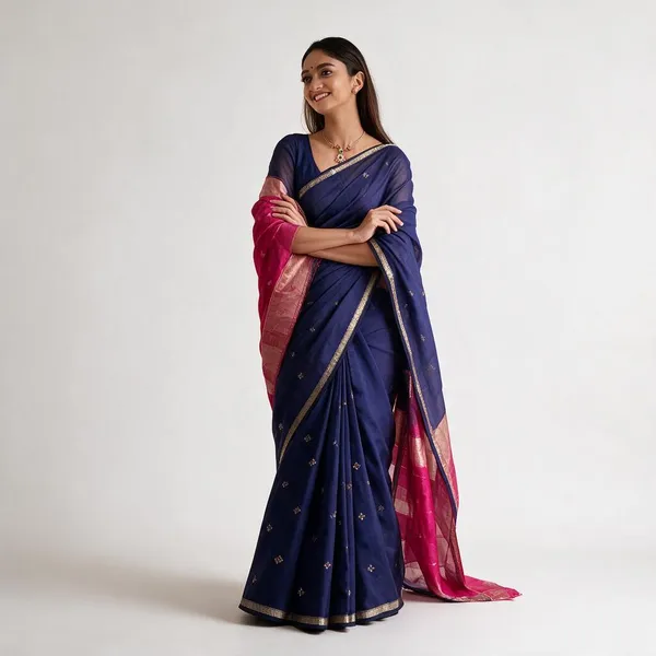 Navy_Blue_Linen_Slub_Jacquard_Woven_Festive_Saree_For_Women