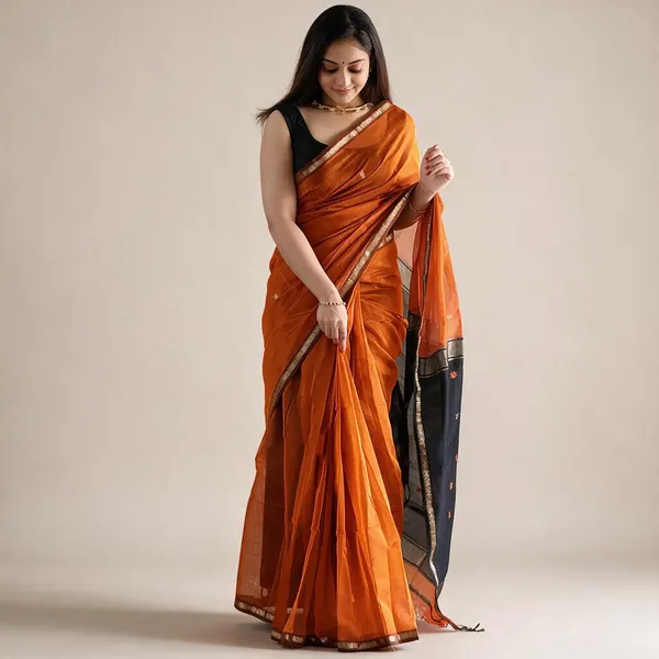 Rust_Orange_Linen_Slub_Jacquard_Woven_Festive_Saree_For_Women
