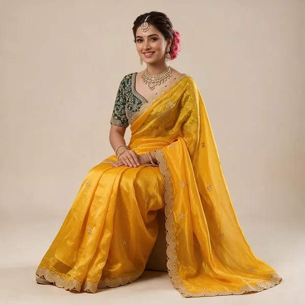 Haldi_Yellow_Space_Silk_Sequins_Thread_Embroidery_Festive_Saree_For_Women