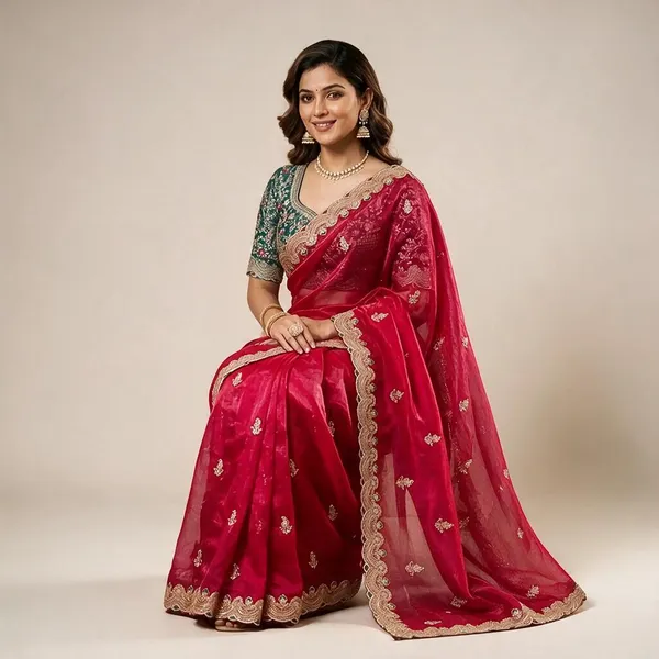 Crimson_Red_Space_Silk_Sequins_Embroidered_Festive_Saree_For_Women