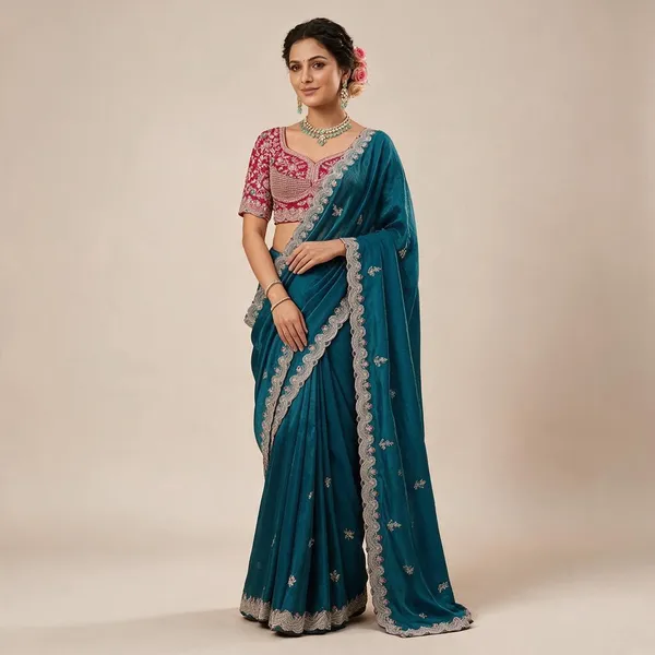 Peacock_Blue_Space_Silk_Sequence_Thread_Embroidery_Festive_Saree_For_Women