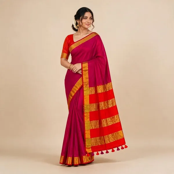 Red_Modal_Cotton_Festive_Saree_With_Zari_Pallu_For_Women