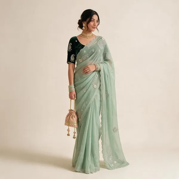 Sage_Green_Shimmer_Silk_Cutdana_Moti_Resham_Work_Velvet_Blouse_Saree_For_Women