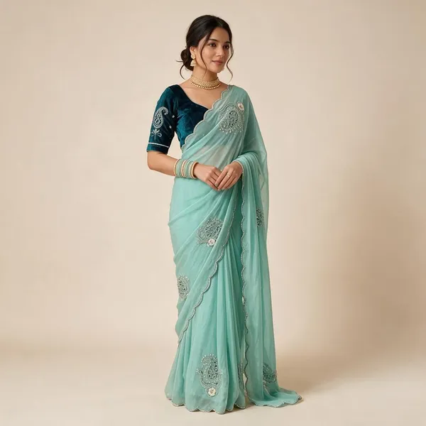 Sky_Blue_Shimmer_Silk_Cutdana_Moti_Work_Velvet_Blouse_Saree_For_Women