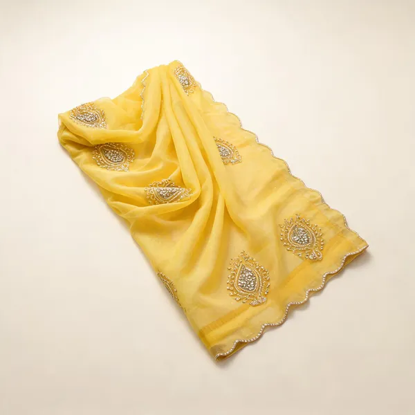 Yellow_Shimmer_Silk_Cutdana_Moti_Work_Velvet_Blouse_Saree_For_Women