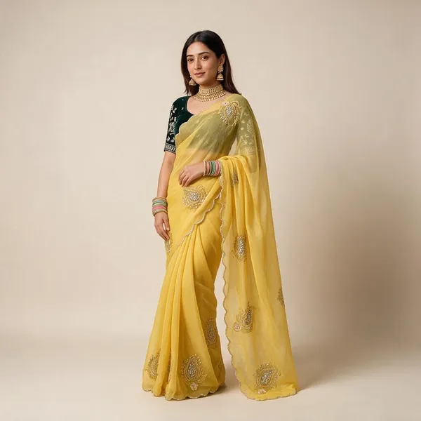 Yellow_Shimmer_Silk_Cutdana_Moti_Work_Velvet_Blouse_Saree_For_Women