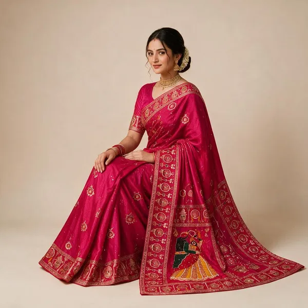 Rani_Pink_Dola_Viscose_Meena_Weaving_Mirror_Work_Saree_For_Women