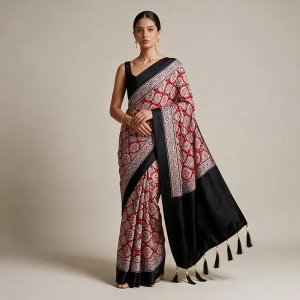 Crimson_Red_Crepe_Silk_Ajrakh_Block_Print_Festive_Saree_For_Women