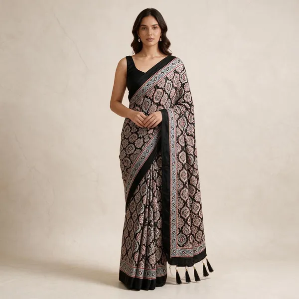 Black_Crepe_Silk_Ajrakh_Block_Print_Festive_Saree_For_Women