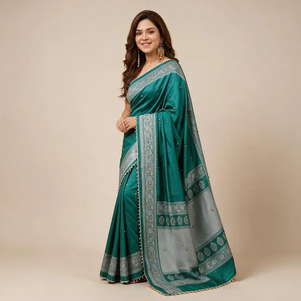 Teal_Green_Soft_Chinon_Printed_Ghungroo_Latkan_Lace_Border_Saree_For_Women