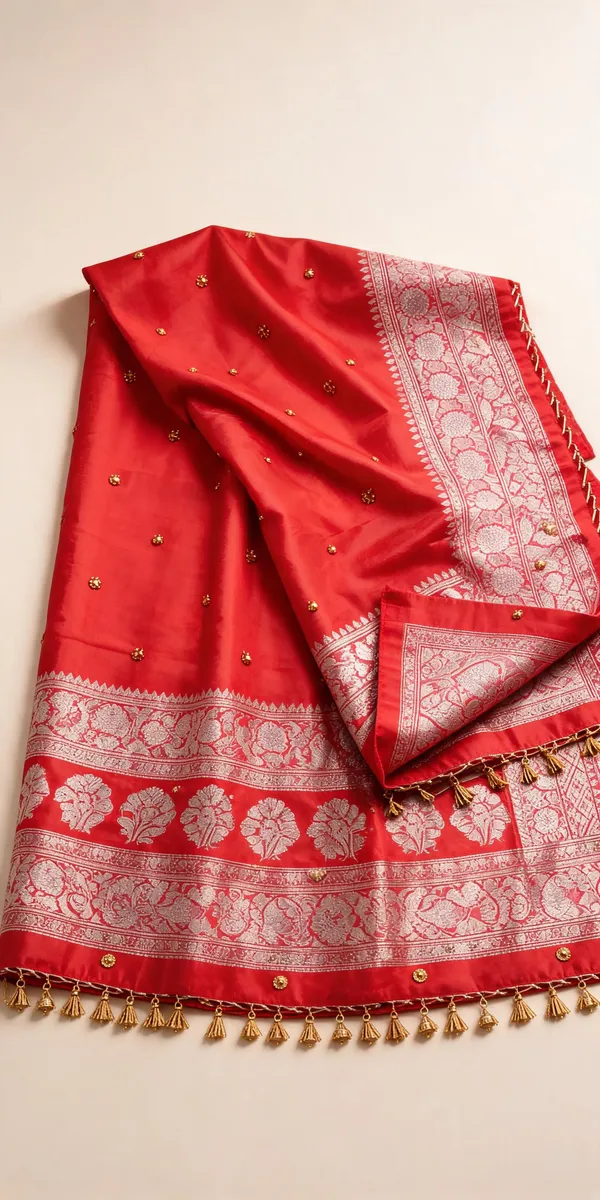 Red_Soft_Chinon_Printed_Ghungroo_Latkan_Lace_Border_Saree_For_Women