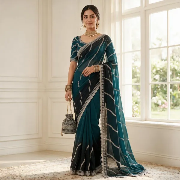 Teal_Chiffon_Leheriya_Print_Sequin_Border_Saree_For_Women