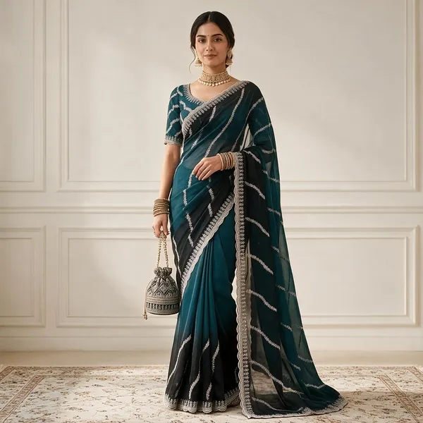 Teal_Chiffon_Leheriya_Print_Sequin_Border_Saree_For_Women