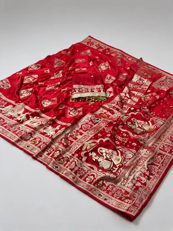 Red_Banarasi_Satin_Silk_Gold_Zari_Ghunghroo_Work_Saree_For_Women