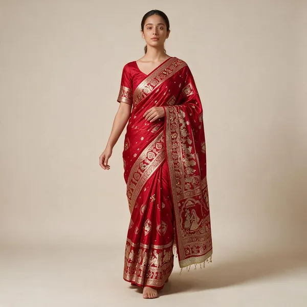 Red_Banarasi_Satin_Silk_Gold_Zari_Ghunghroo_Work_Saree_For_Women
