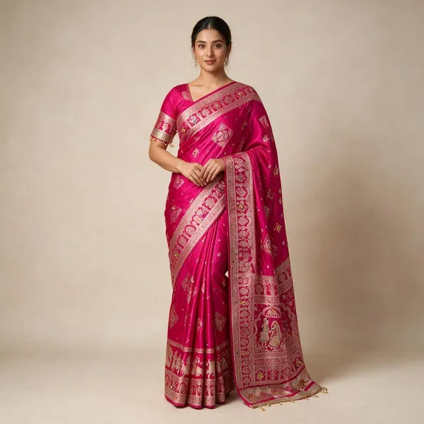 Rani_Pink_Banarasi_Satin_Silk_Gold_Zari_Ghunghroo_Work_Saree_For_Women